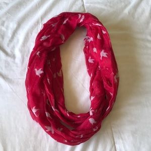 Red infinity scarf with with white birds